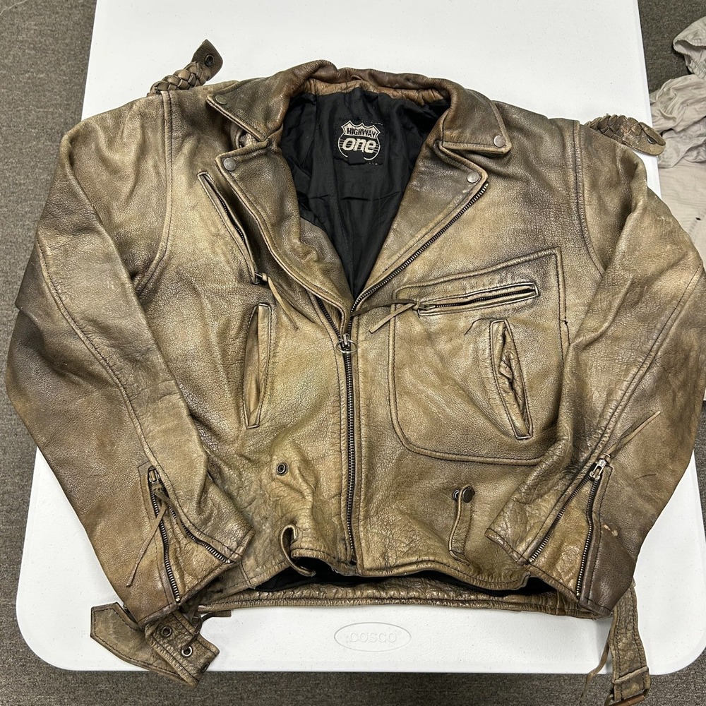Highway One Motorcycle Jacket Mens XL Brown Fair Distressed Leather Biker Moto